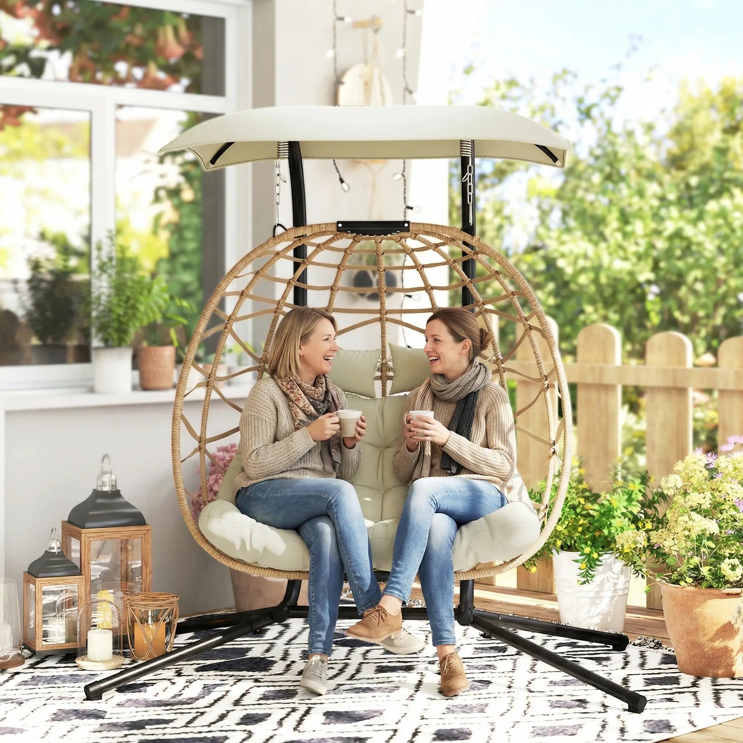 Double Wicker Egg Swing Chair With Canopy, Foldable, Beige Patio Chairs at Gallery Canada
