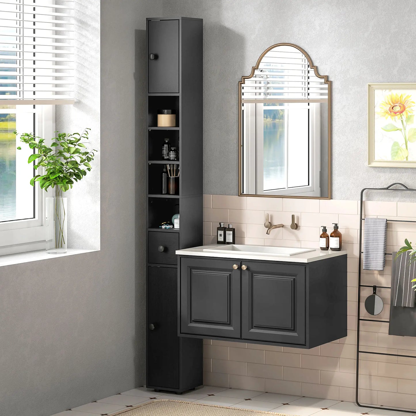 71" Tall Bathroom Cabinet, Narrow Toilet Paper Storage, 2 Door, Adjustable Shelves, Black Bathroom Cabinets at Gallery Canada
