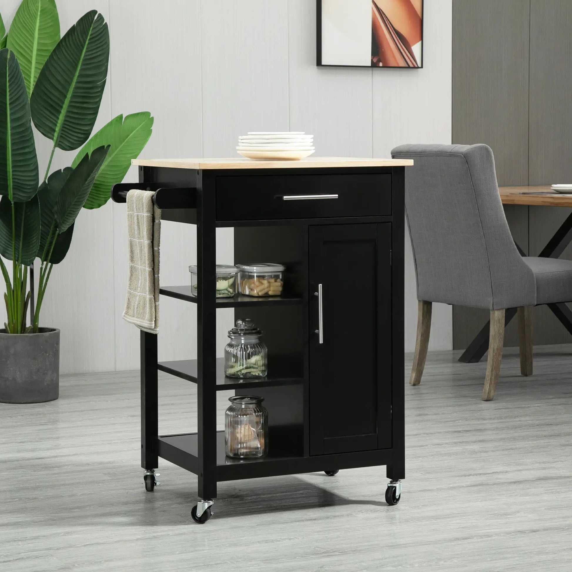 Compact Kitchen Cart on Wheels, Open Shelf, Storage Drawer, Black Kitchen Islands & Kitchen Carts at Gallery Canada
