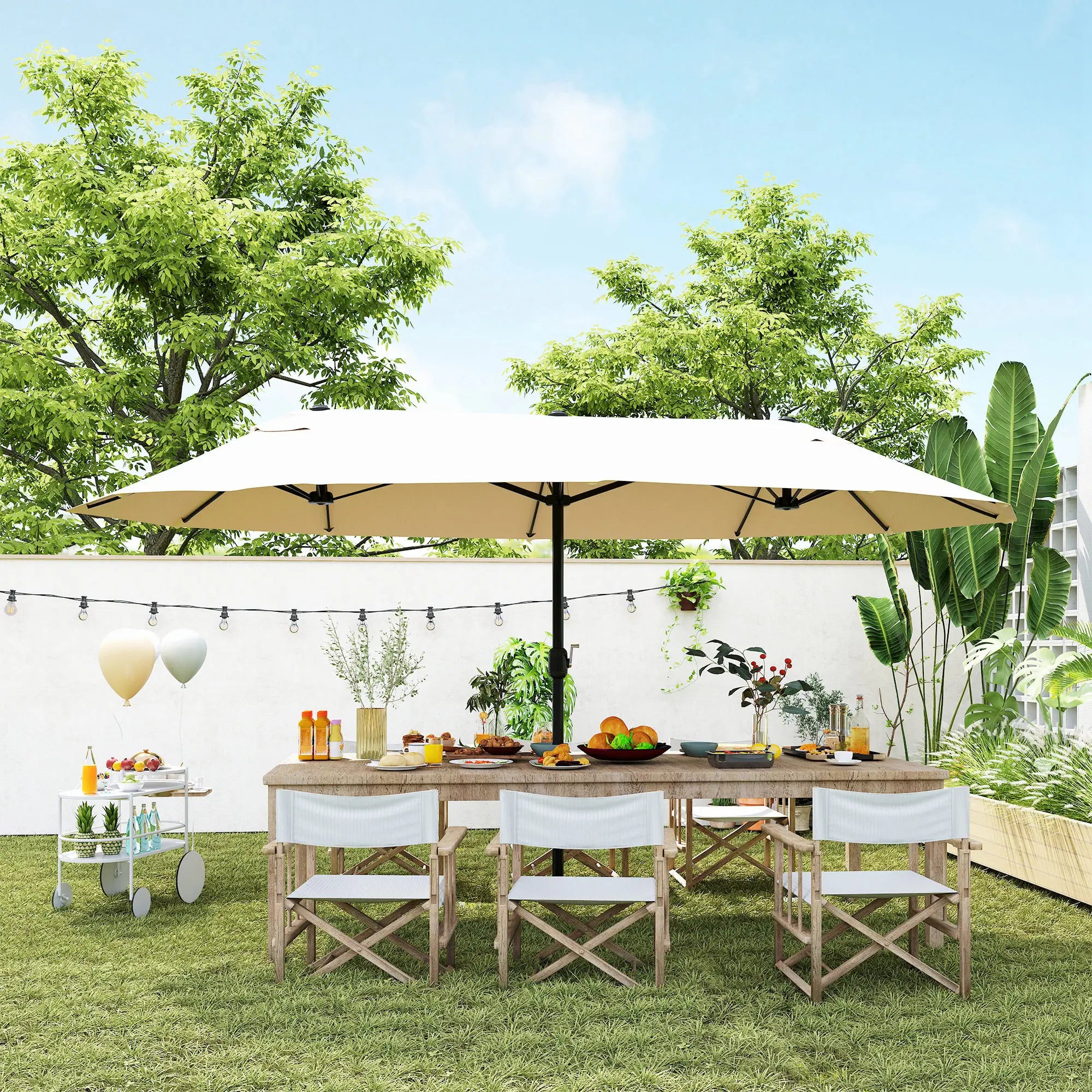 15' Outdoor Patio Umbrella, Twin Canopy Sunshade, Lift Crank, Beige Sun Umbrellas at Gallery Canada