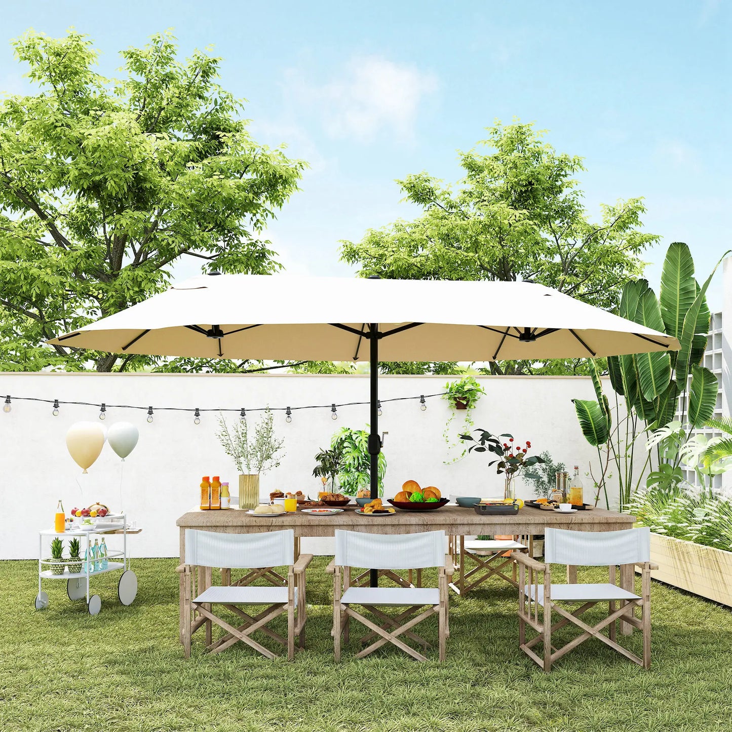 15' Outdoor Patio Umbrella, Twin Canopy Sunshade, Lift Crank, Beige Sun Umbrellas at Gallery Canada