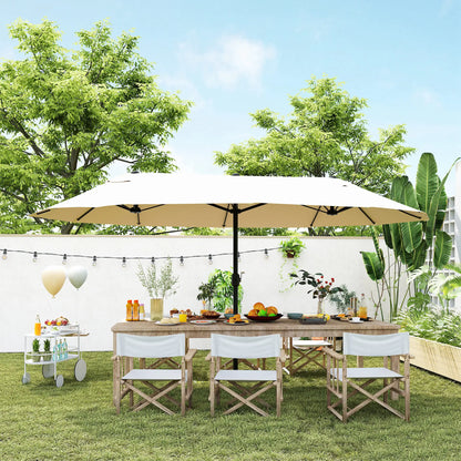 15' Outdoor Patio Umbrella, Twin Canopy Sunshade, Lift Crank, Beige Sun Umbrellas at Gallery Canada