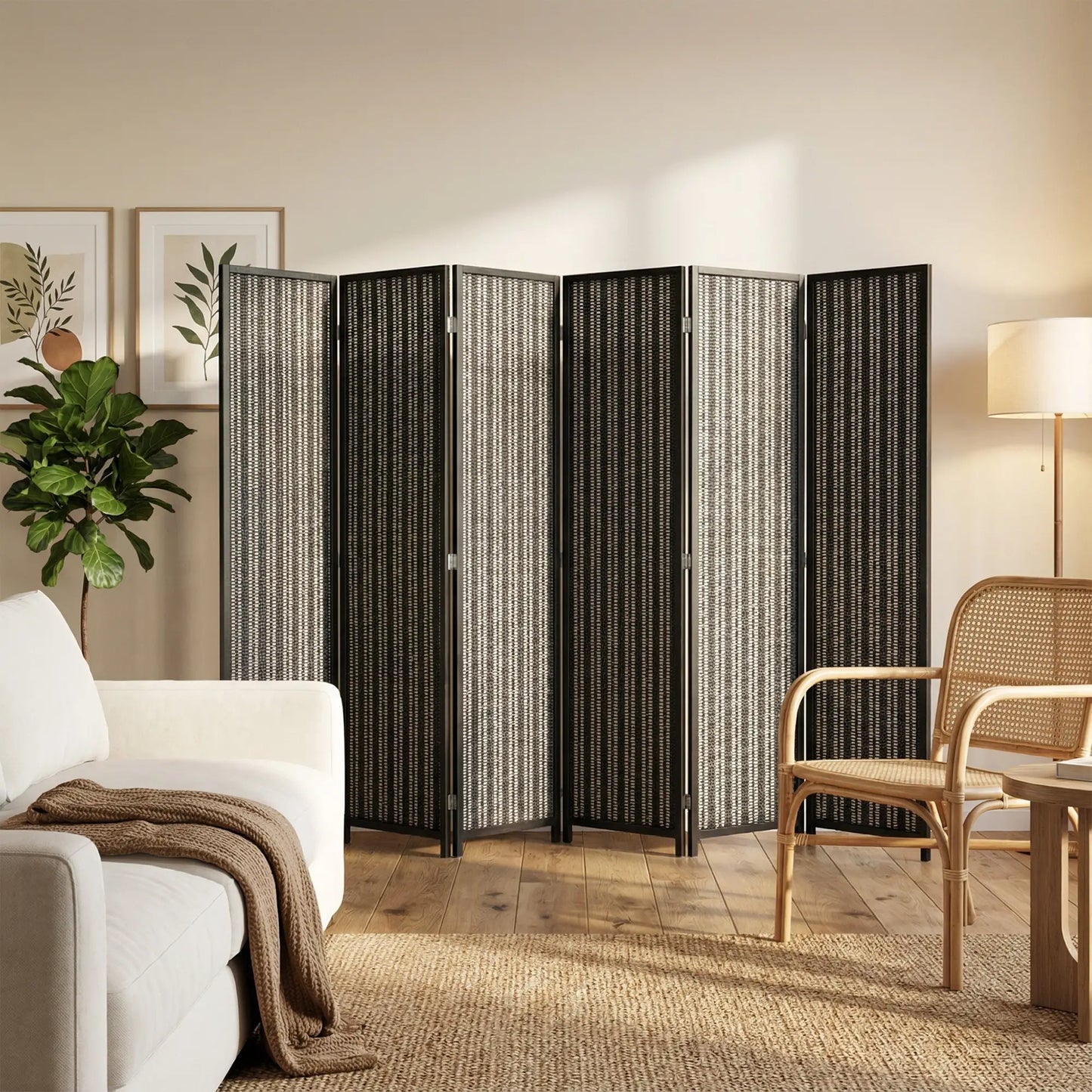 Folding Privacy Screen, 6 Panel Room Divider, Handwoven Bamboo, Black Room Dividers at Gallery Canada