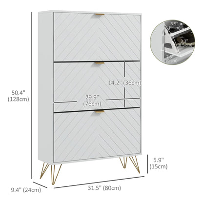 Modern Shoe Storage Cabinet, 3 Flip Drawers for 18 Pairs, Narrow, White