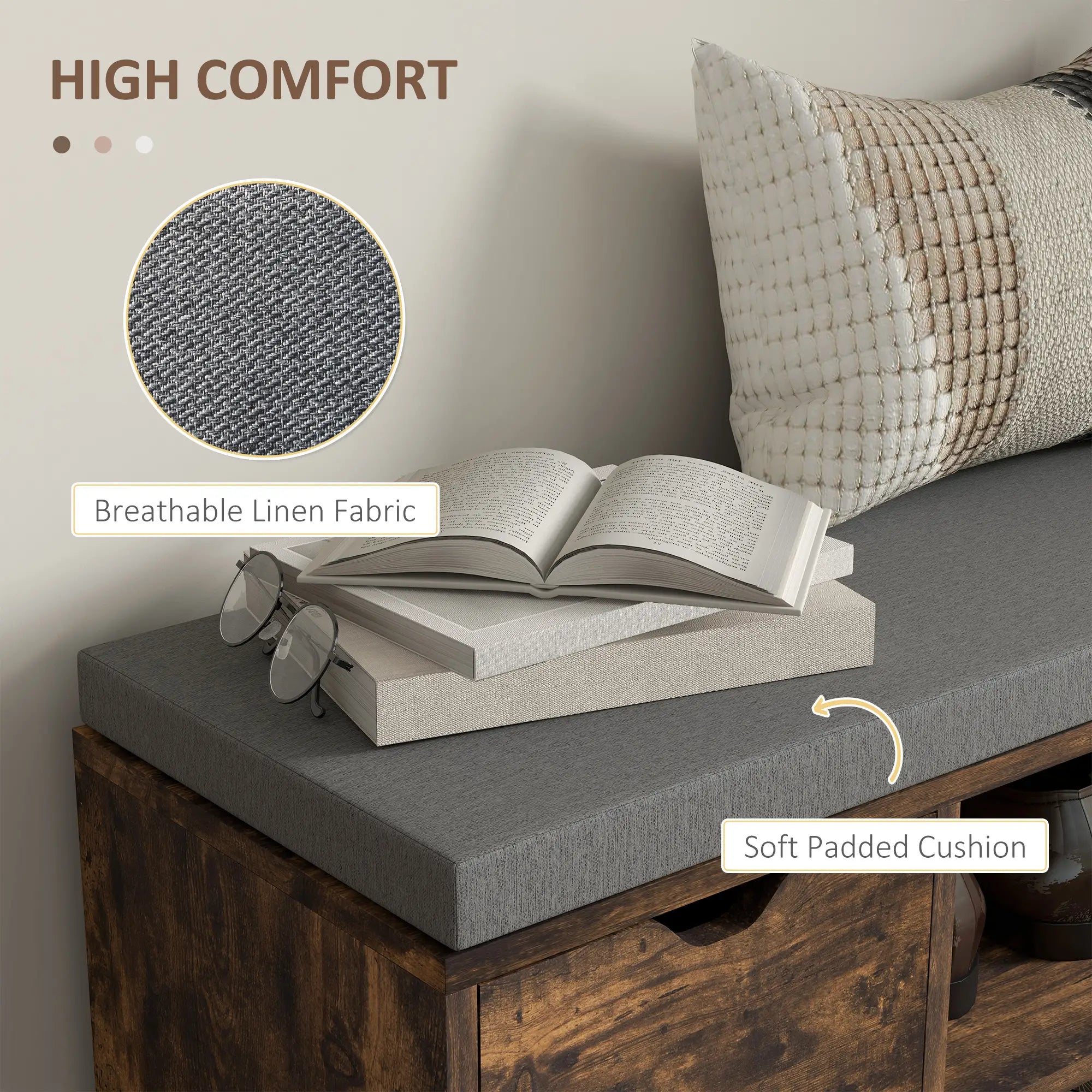 Upholstered Shoe Storage Bench, Seat w/ Drawer, Rustic Brown Shoe Storage Cabinets & Racks at Gallery Canada