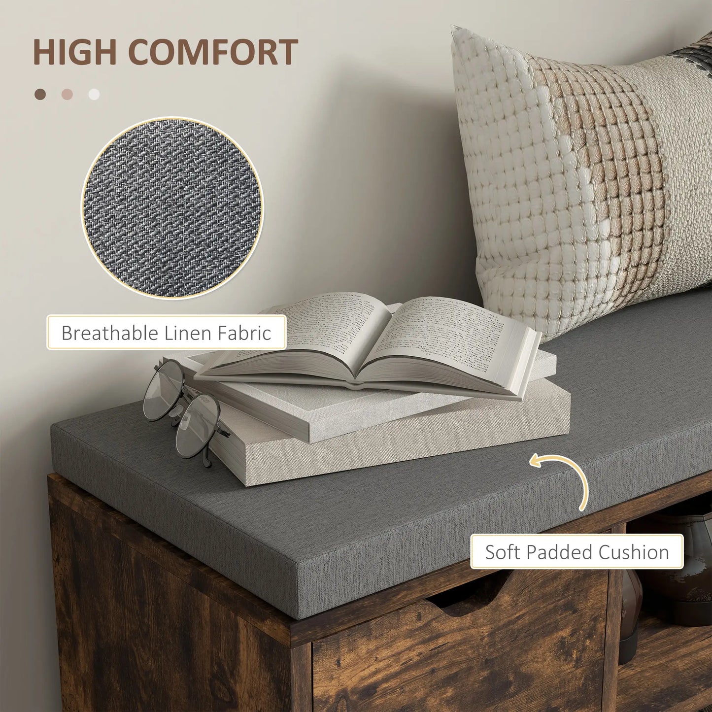 Upholstered Shoe Storage Bench, Seat w/ Drawer, Rustic Brown Shoe Storage Cabinets & Racks at Gallery Canada