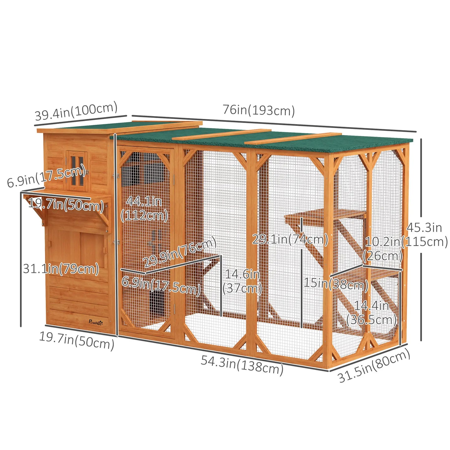76"L Wooden Cat Catio, Outdoor Cat House, Asphalt Roof, Orange Outdoor Cat Enclosures at Gallery Canada