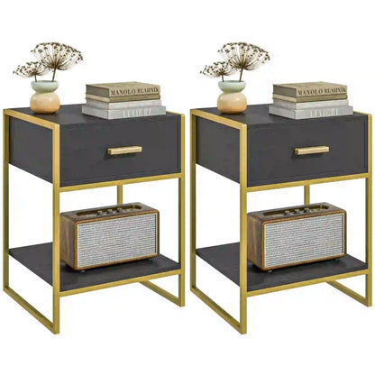 Modern Nightstand Set of 2, Small with Drawer, Shelf, Steel Frame, Black