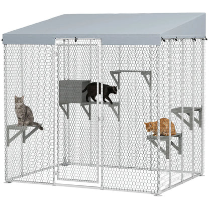 79" L Galvanized Steel Catio, Outdoor Cat Enclosure, 420D Waterproof Canopy, Multiple Platforms, Resting Condo, Silver Outdoor Cat Enclosures at Gallery Canada