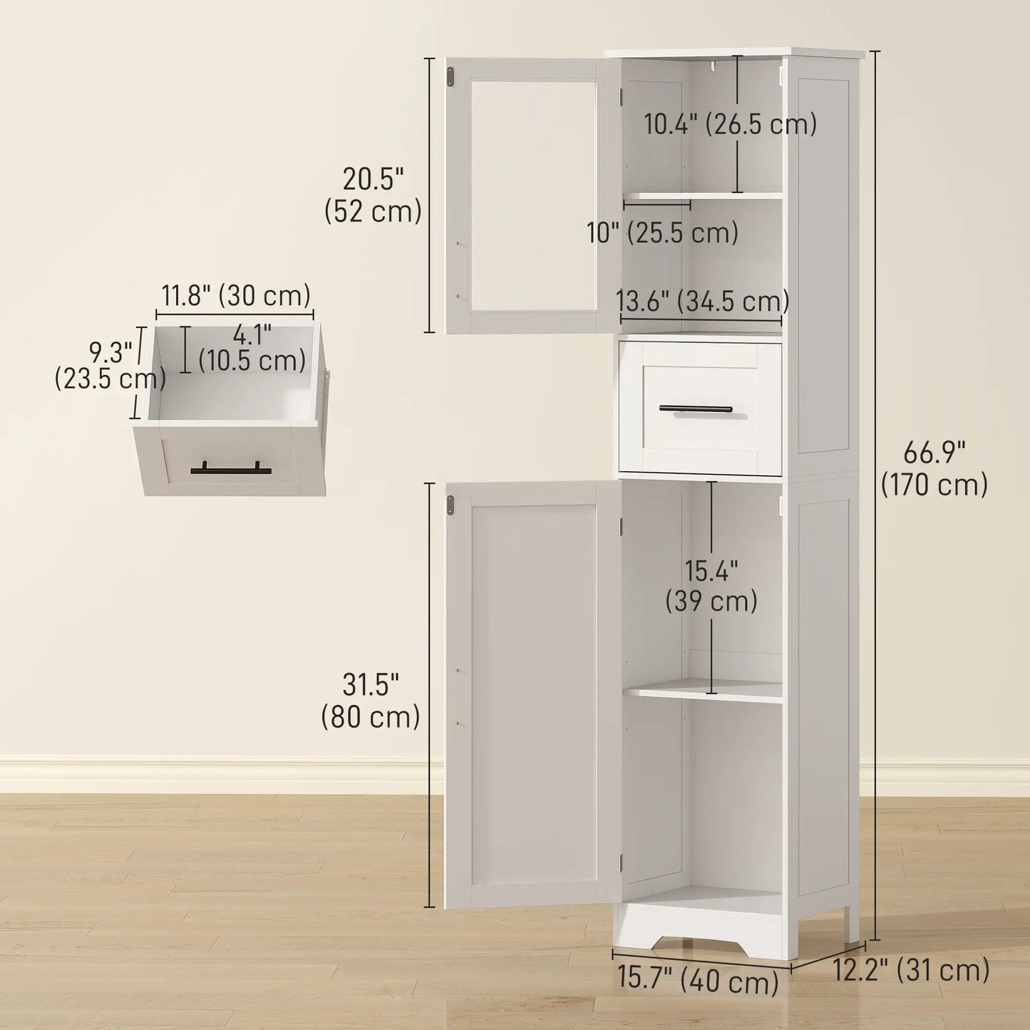 67" Tall Bathroom Storage Cabinet, Adjustable Shelves, Glass Door, Drawer Freestanding Bathroom Cabinets at Gallery Canada
