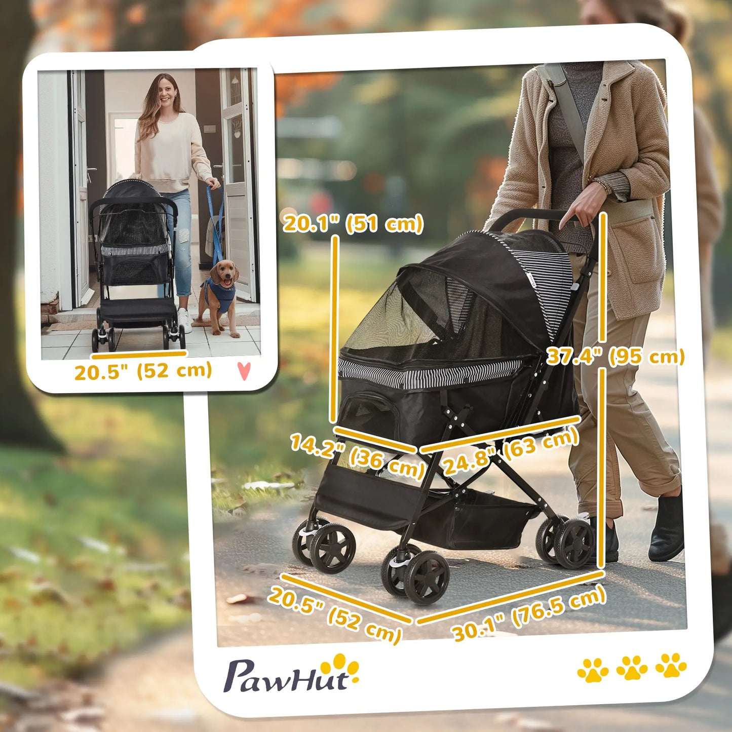 Foldable Pet Stroller, 4 Wheels, EVA Brake, 3-Stage Canopy, Mesh Window, Black Dog Bike Trailers & Strollers at Gallery Canada