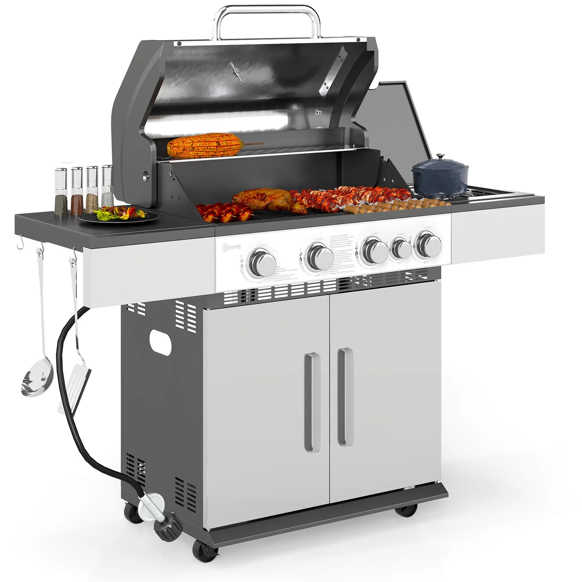 4+1 Burner Liquid Propane Gas Grill, Portable BBQ With Side Burner, Silver Propane Gas Grills at Gallery Canada