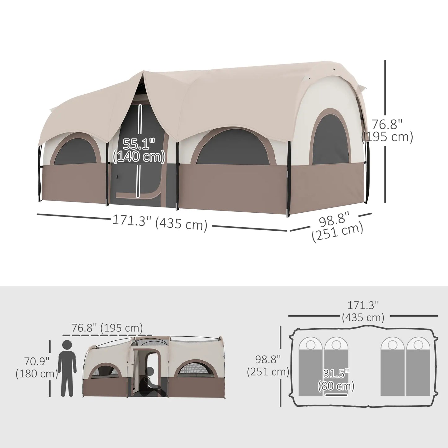 4-6 Person Camping Tent, 3 Room, 3000mm Waterproof, UPF30+, Khaki Camping Tents at Gallery Canada