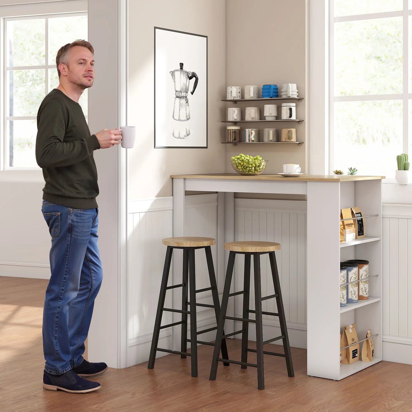 Modern Bar Table, 3 Storage Shelves, Kitchen Dining Room, White Bar Tables & Dining Tables at Gallery Canada