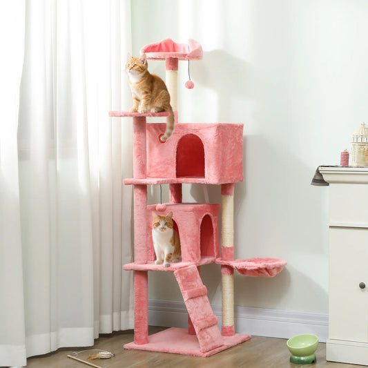 63 Inch Cat Tree with Sisal Posts, Condos, Perches, Hammock, Pink Cat Towers Pink, Cream White at Gallery Canada