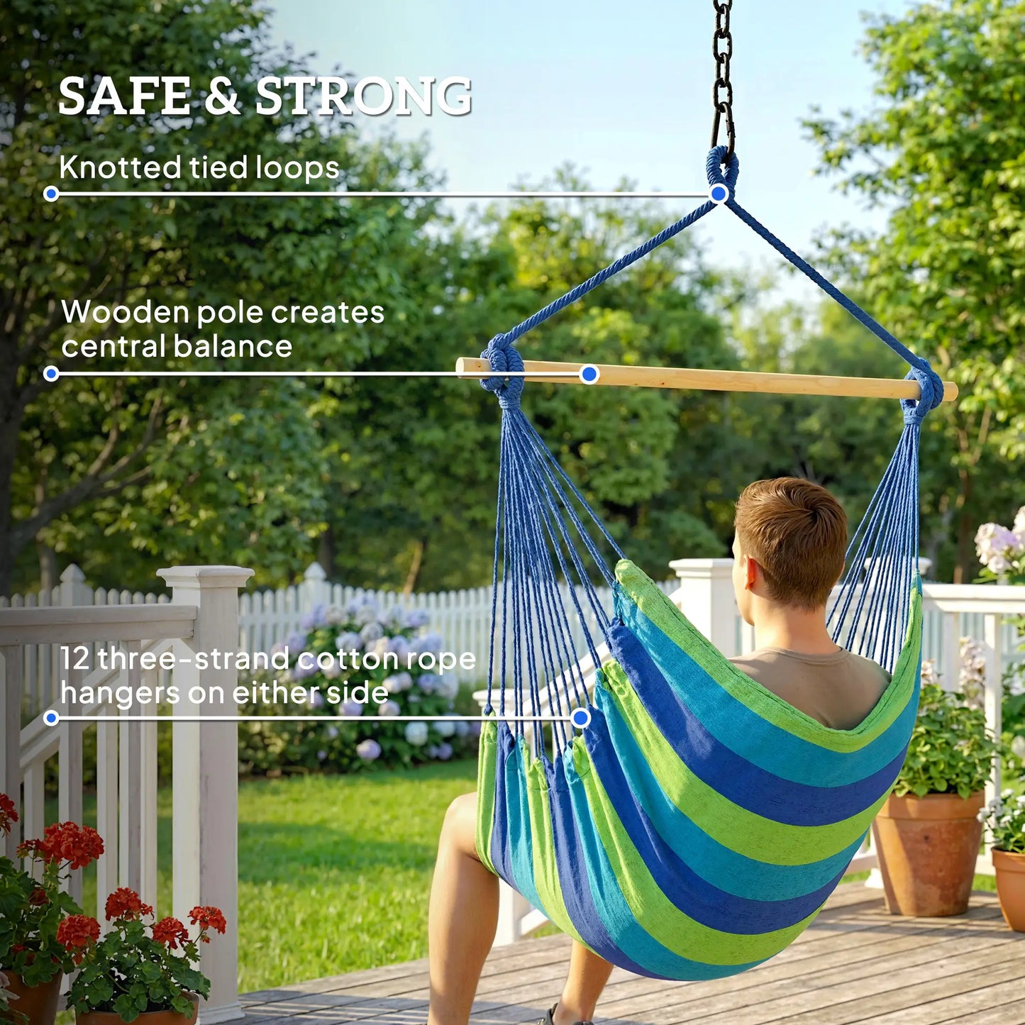 Hanging Macrame Chair, Two Soft Seat Cushions, Blue Green Hanging Porch Swings at Gallery Canada
