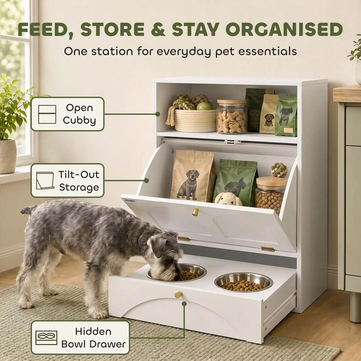 Dog Feeding Station, Food Storage Cabinet, 2 Elevated Bowls, White, White Dog Bowls at Gallery Canada