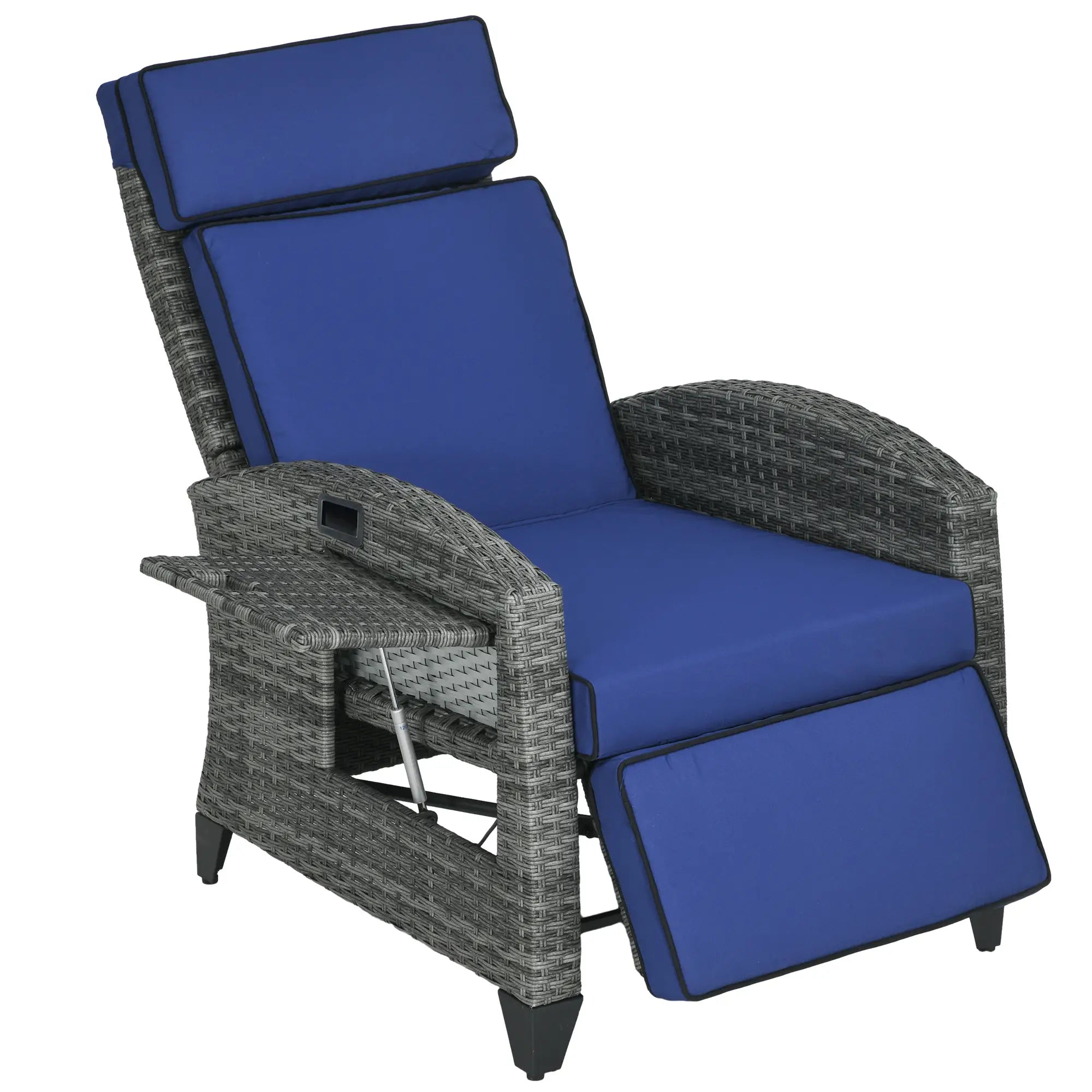 Outdoor Recliner Chair, Adjustable Backrest, Cushion, Side Tray, Dark Blue Wicker Chaise Loungers Dark Blue at Gallery Canada