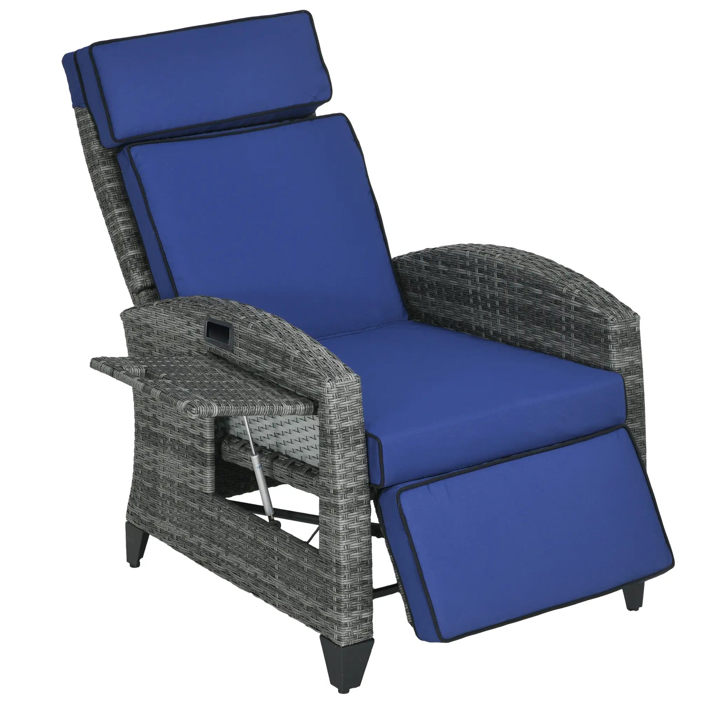 Outdoor Recliner Chair, Adjustable Backrest, Cushion, Side Tray, Dark Blue Wicker Chaise Loungers Dark Blue at Gallery Canada