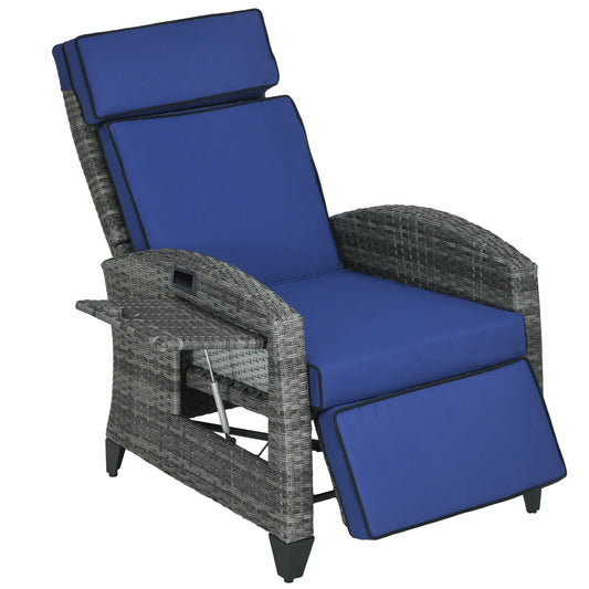 Outdoor Recliner Chair, Adjustable Backrest, Cushion, Side Tray, Dark Blue Wicker Chaise Loungers Dark Blue at Gallery Canada