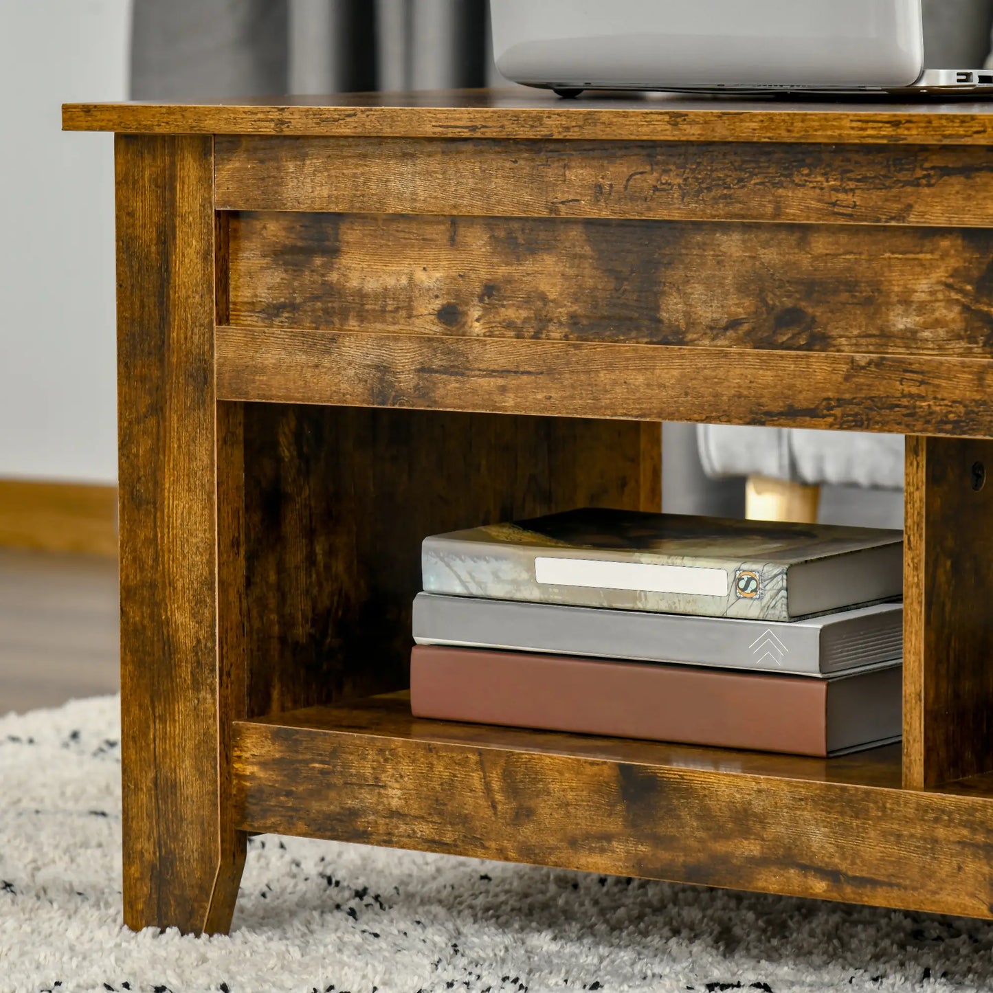 Lift Top Coffee Table, Hidden Storage, Open Shelves, Brown Coffee Tables at Gallery Canada