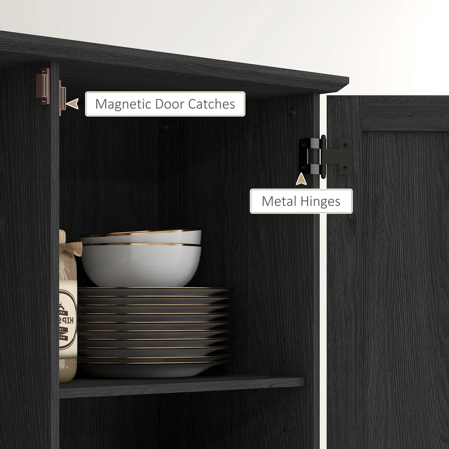 70" Tall Kitchen Pantry Cabinet, Adjustable Shelves, Black Wood Grain, Black Kitchen Pantry Cabinets at Gallery Canada