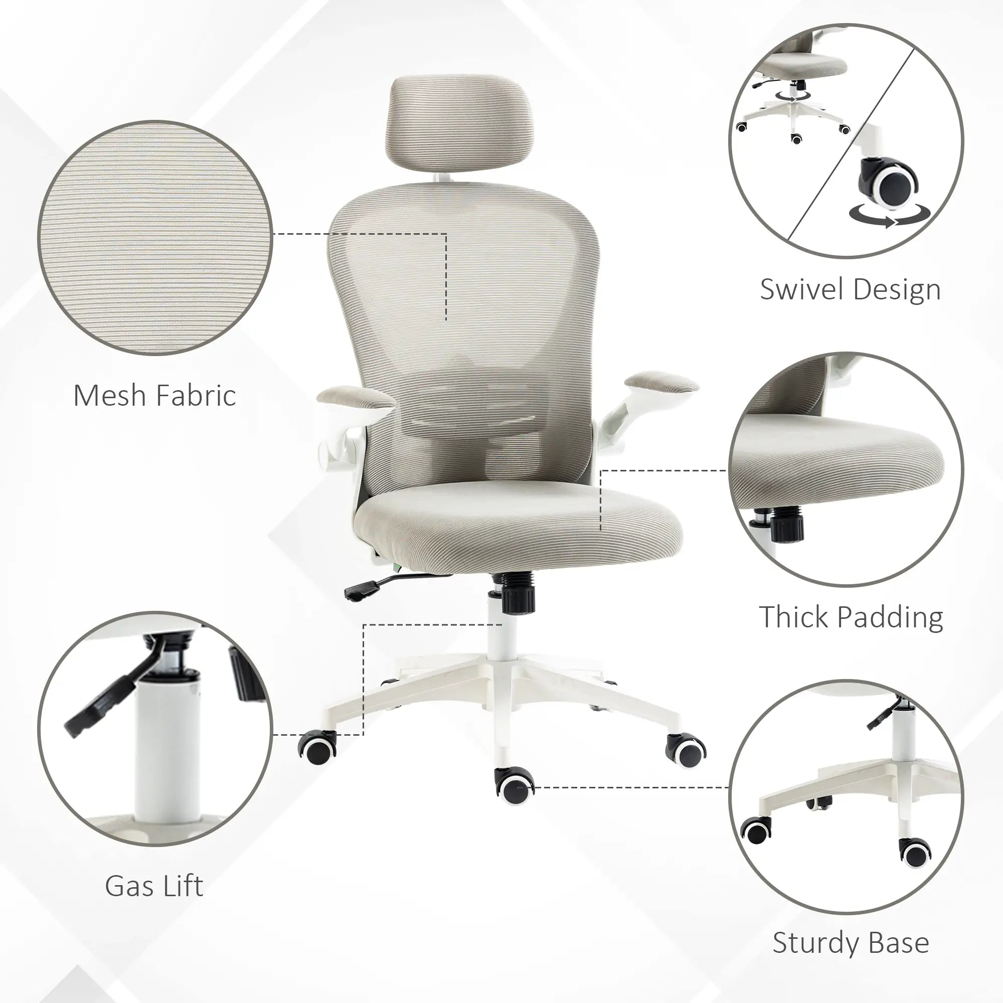 Mesh Office Chair, Adjustable Headrest, 4D Lumbar Support, Flip-Up Arm, Grey Task Chairs at Gallery Canada