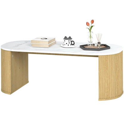 Modern Marble-Effect Coffee Table, Round Corners, Thicken Legs, Natural Wood Coffee Tables Natural Wood, White at Gallery Canada
