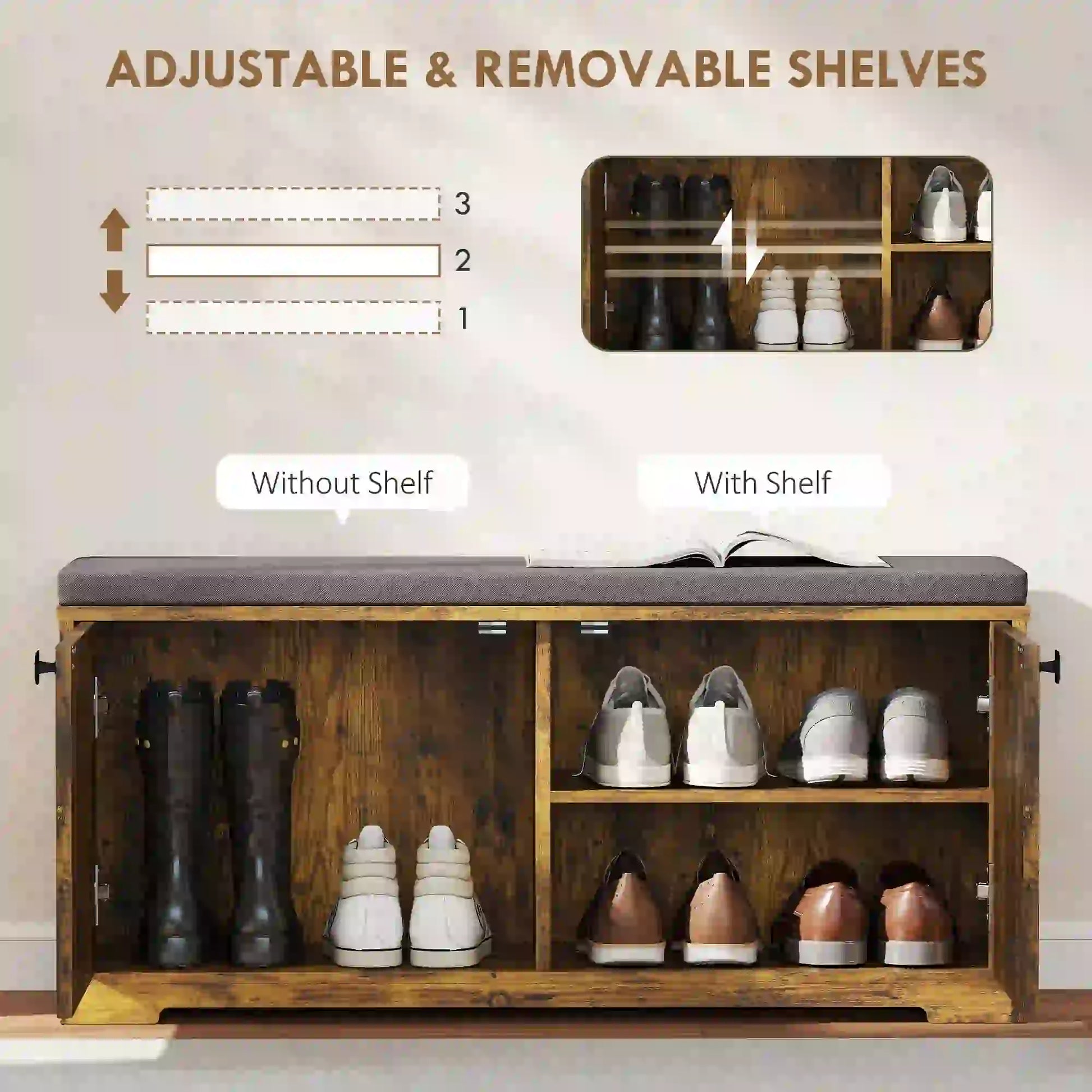 Shoe Storage Bench with Padded Seat, 8 Pairs, Rustic Brown, Brown Shoe Storage Cabinets & Racks at Gallery Canada