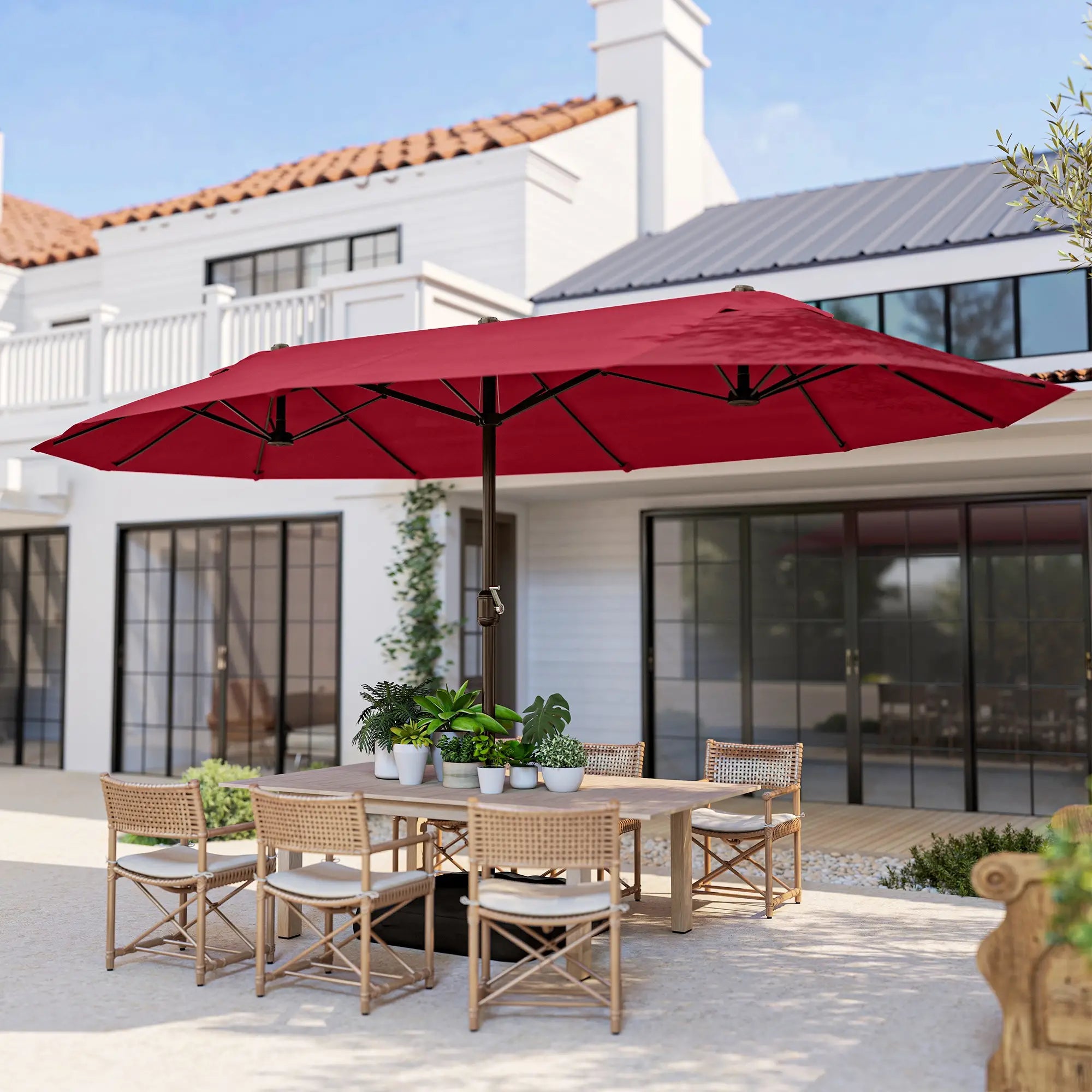 15' Outdoor Patio Umbrella, Twin Canopy Sunshade, Lift Crank, Wine Red Sun Umbrellas at Gallery Canada