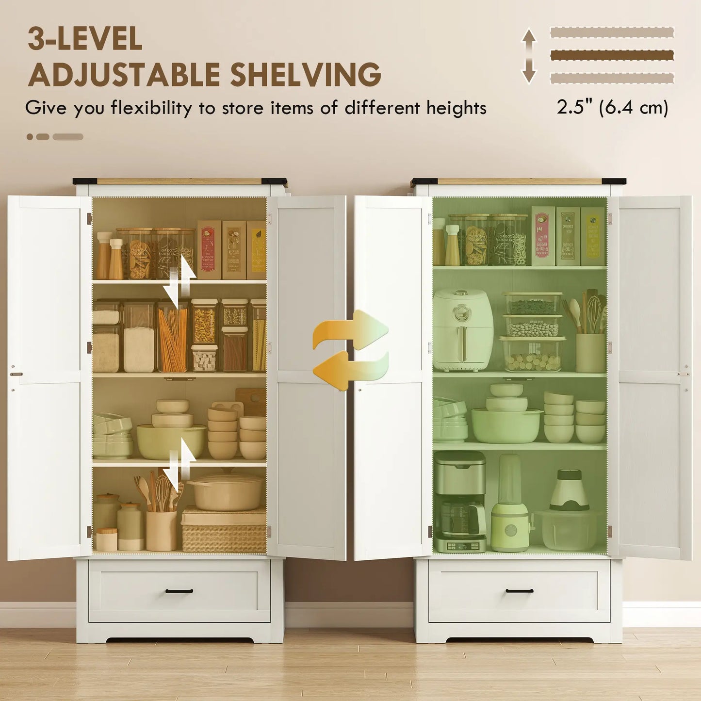 69" Tall Farmhouse Pantry Cabinet, 2 Doors, Drawer, Cream White Kitchen Pantry Cabinets at Gallery Canada