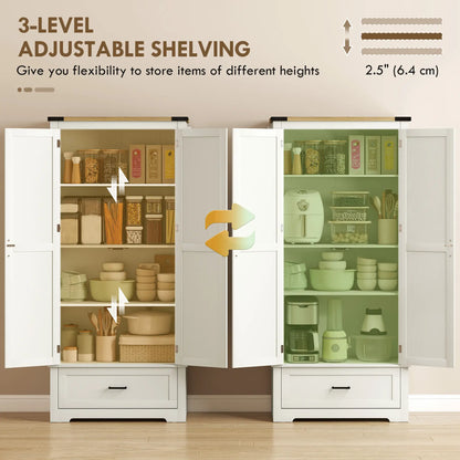69" Tall Farmhouse Pantry Cabinet, 2 Doors, Drawer, Cream White Kitchen Pantry Cabinets at Gallery Canada
