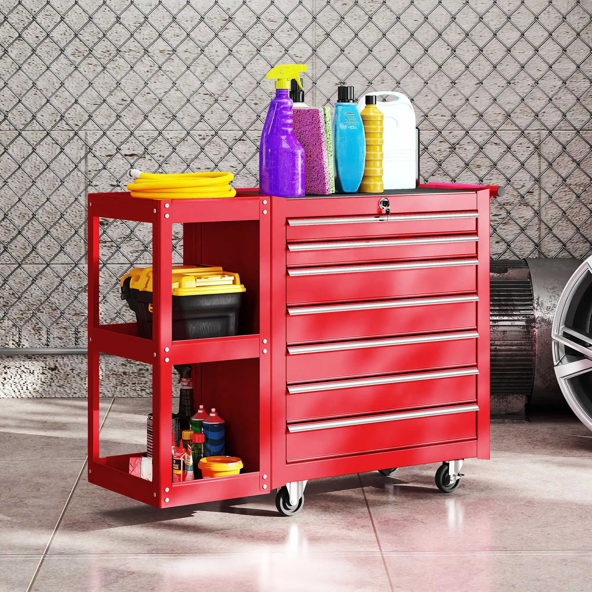 7-Drawer Rolling Tool Chest, Lockable Cabinet with Side Shelf, Red Tool Organizers at Gallery Canada
