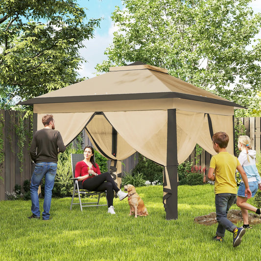 11' x 11' Pop Up Gazebo, Double Roof, Foldable, Adjustable, Beige Pop Up Canopies Beige at Gallery Canada