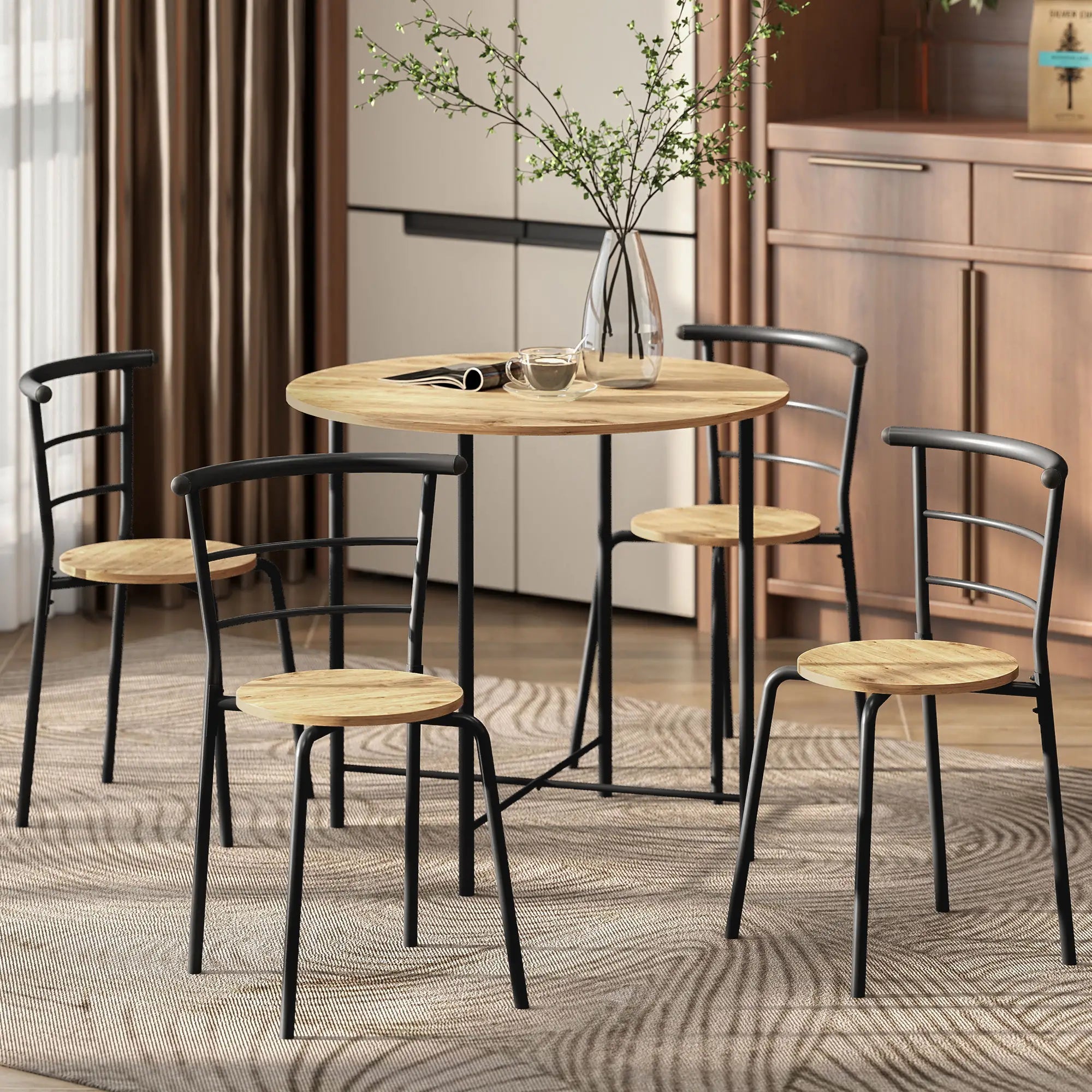5 Piece Dining Table Set, Round for 4, Metal Frame, Natural Dining Table Sets at Gallery Canada