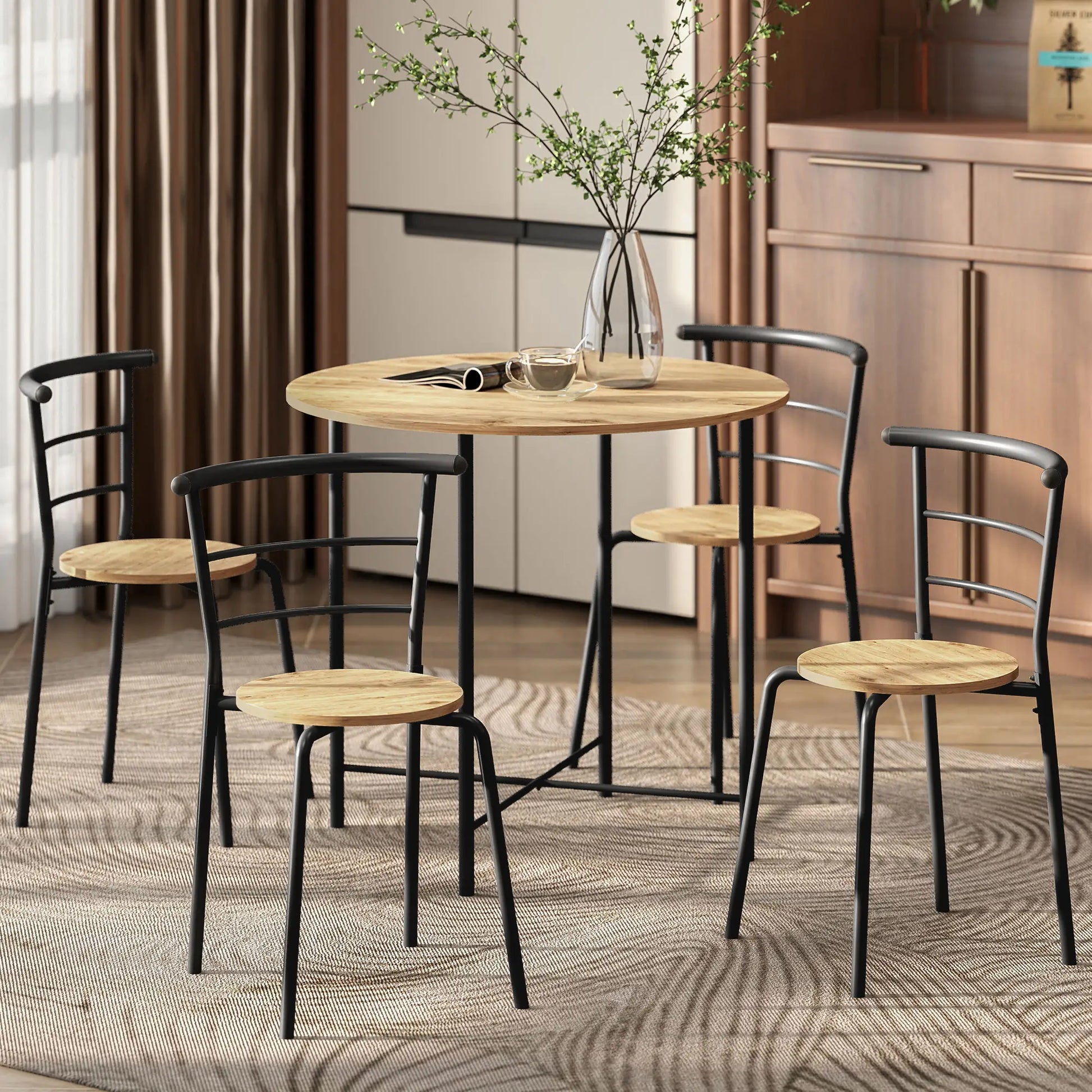 5 Piece Dining Table Set, Round for 4, Metal Frame, Natural Dining Table Sets at Gallery Canada