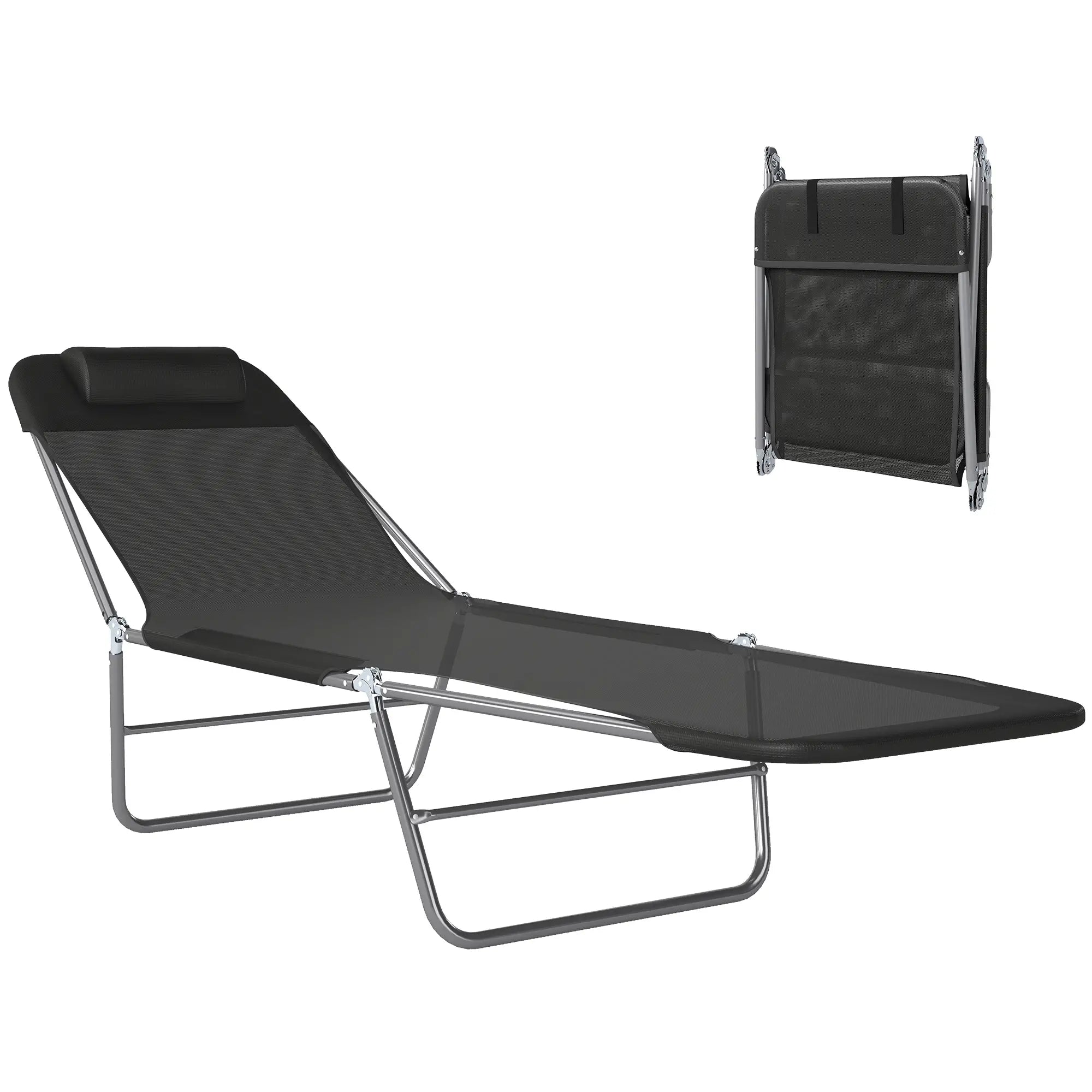 Portable Adjustable Reclining Lounge Chair, Folding Chaise, Black Lounger Chairs Black at Gallery Canada