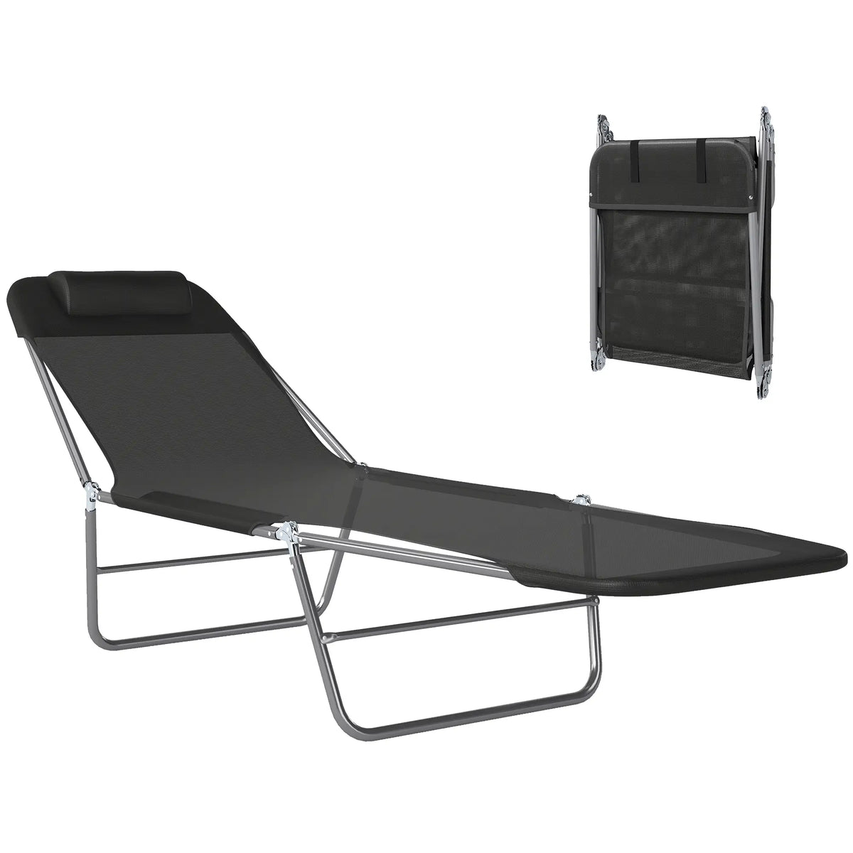 Portable Adjustable Reclining Lounge Chair, Folding Chaise, Black Lounger Chairs Black at Gallery Canada