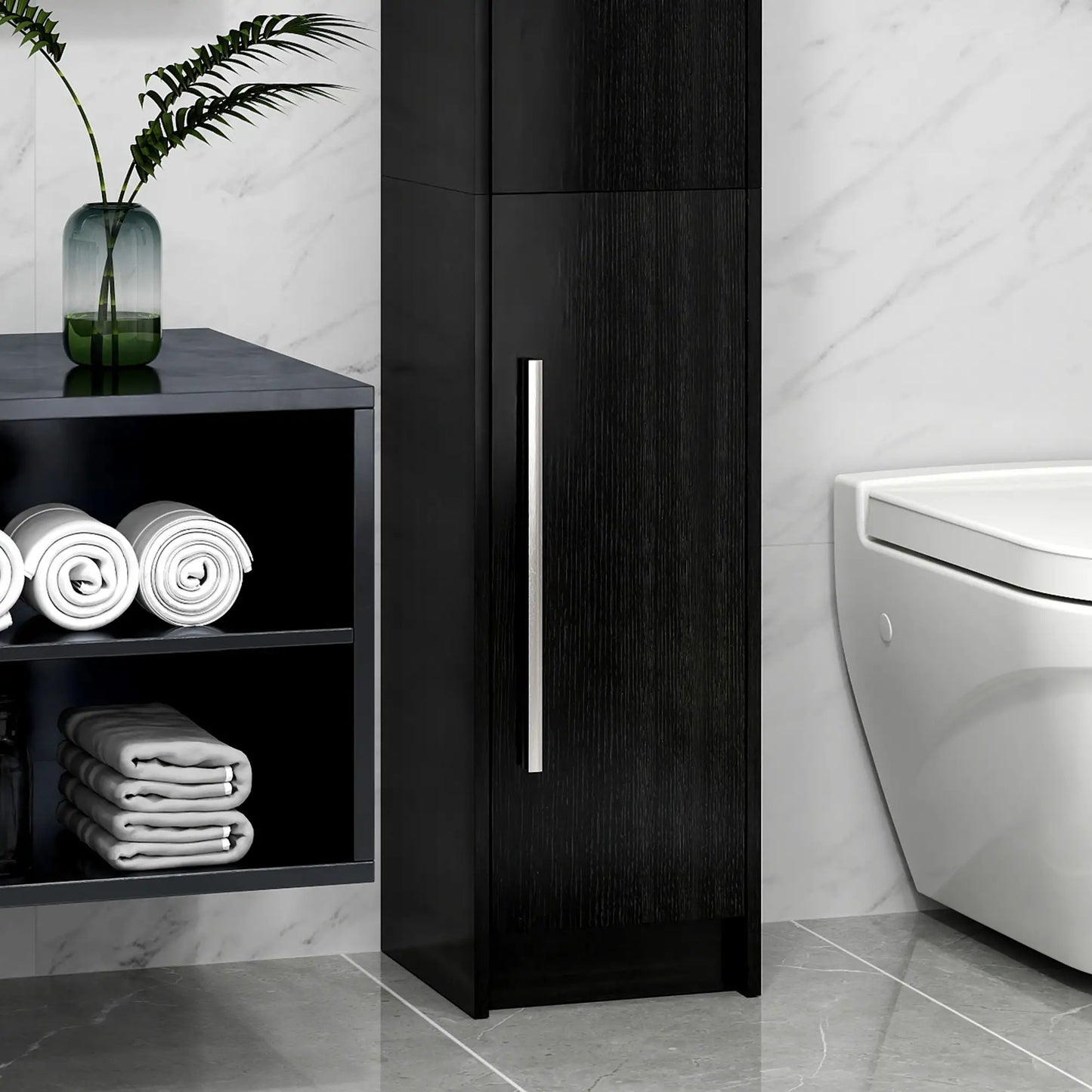 Tall Bathroom Storage Cabinet, Adjustable Shelves, Wood Grain, Black Bathroom Cabinets at Gallery Canada
