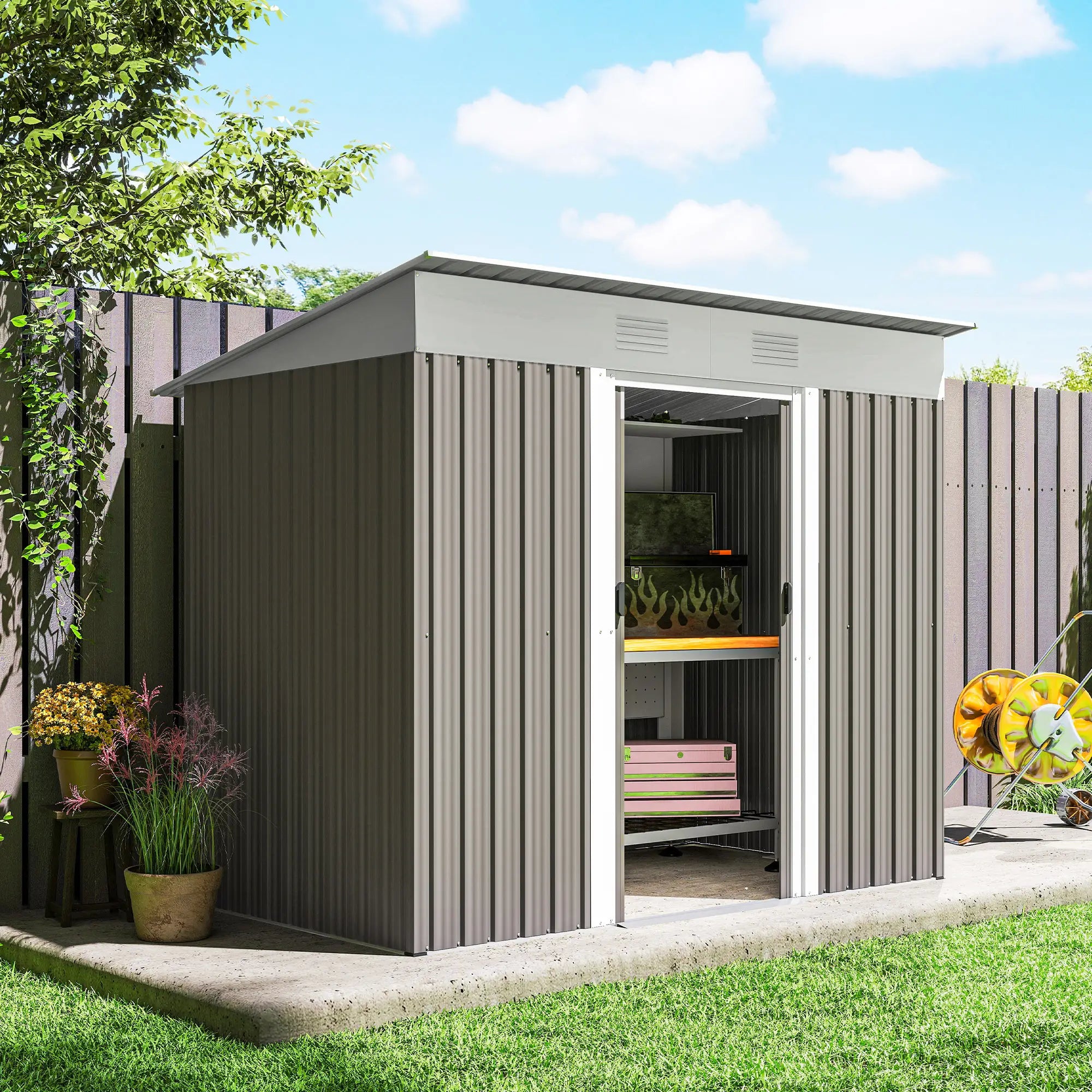7' x 4' Outdoor Storage Shed, Metal Garden Tool Organizer, Light Grey Sheds at Gallery Canada
