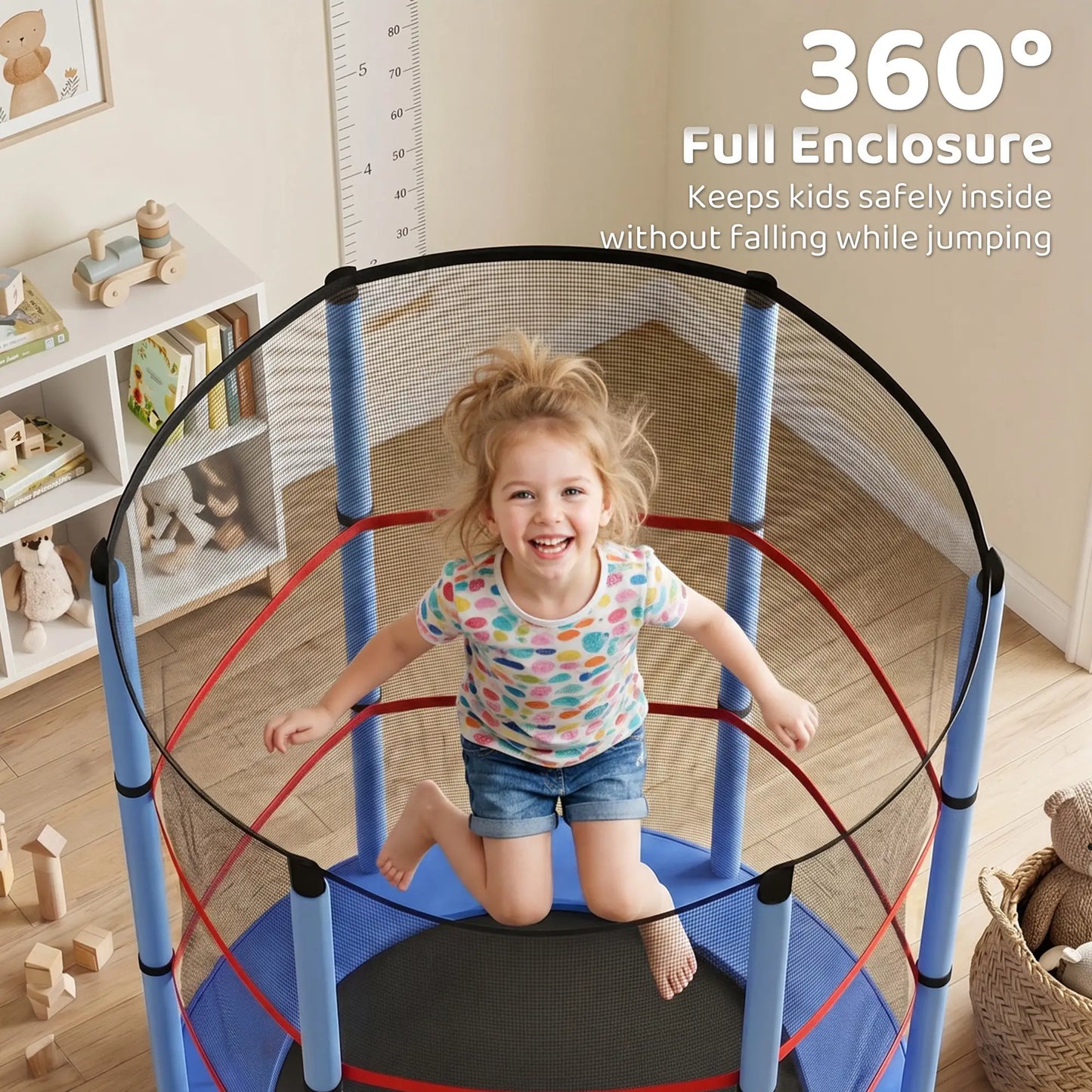 55" Kids Trampoline with Enclosure Net, Indoor/Outdoor, Age 3-6, Blue Trampolines at Gallery Canada