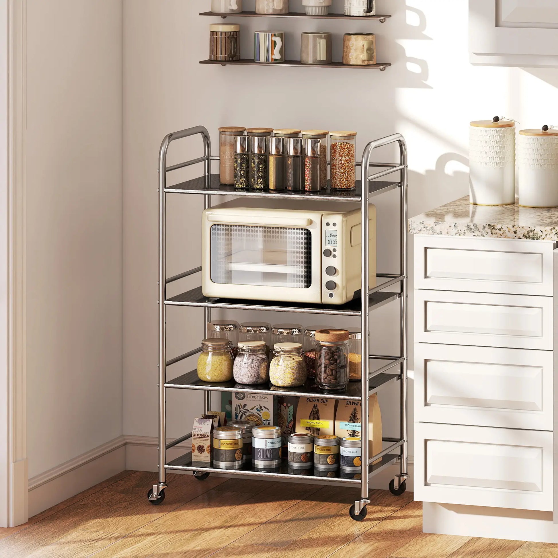 4 Tier Stainless Steel Rolling Cart, Adjustable Shelves, Wheels, Silver Kitchen Islands & Kitchen Carts at Gallery Canada