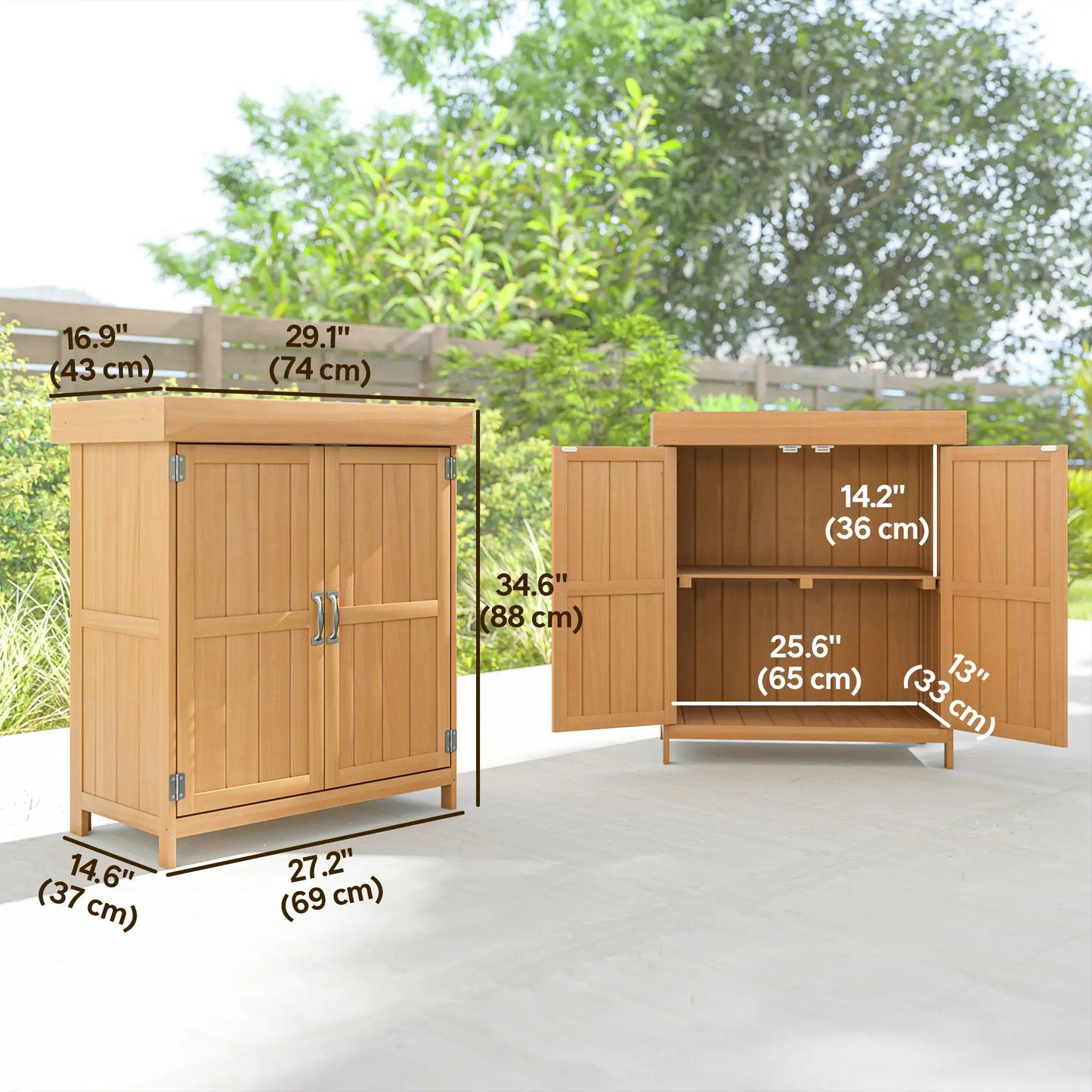 Wooden Garden Tool Shed, Hinged Roof, 2-Tier Shelves, Double Doors, 74x43x88cm, Natural Wood Sheds at Gallery Canada