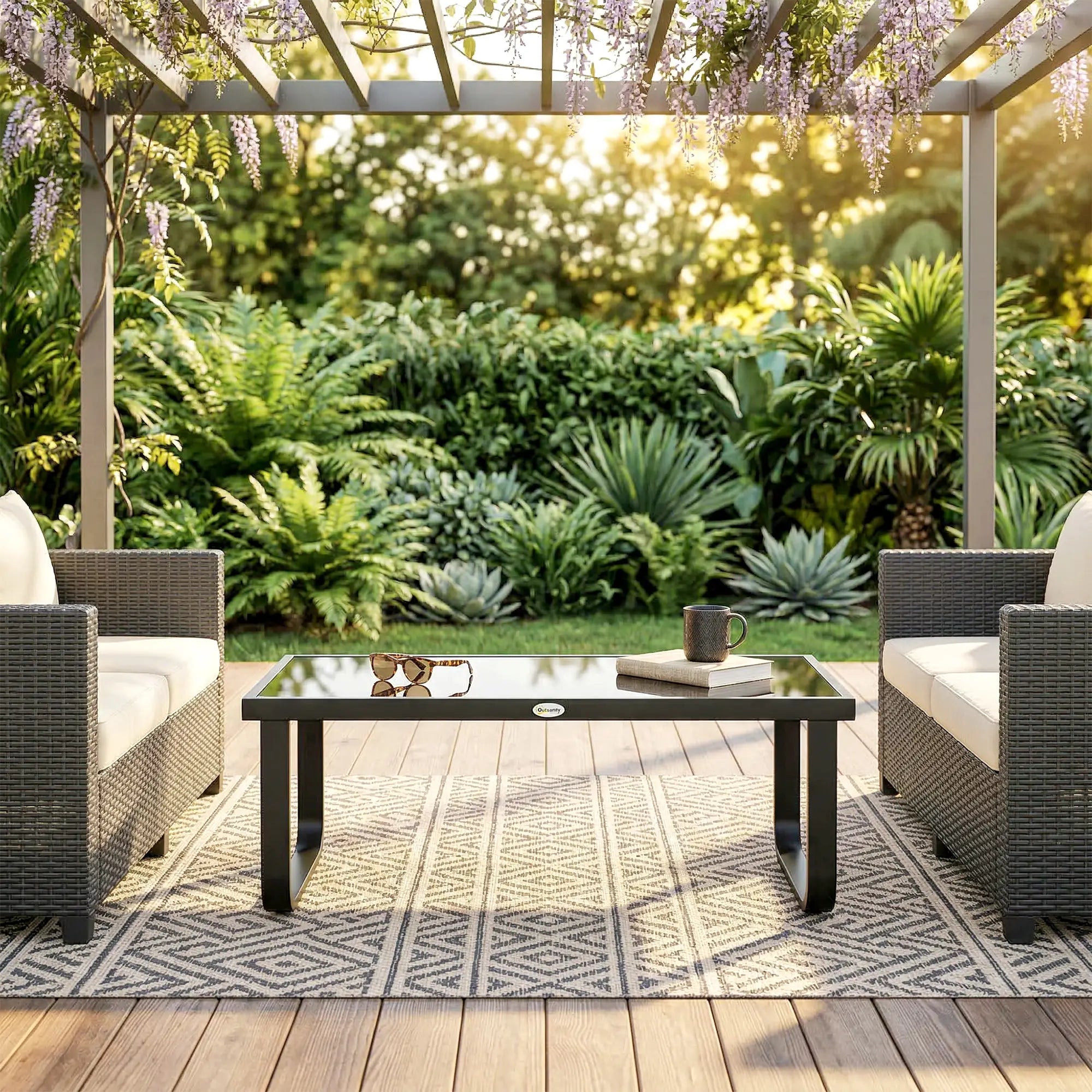 Outdoor Patio Coffee Table, Rectangle Metal Side Table, Tempered Glass Tabletop Patio Side Tables at Gallery Canada