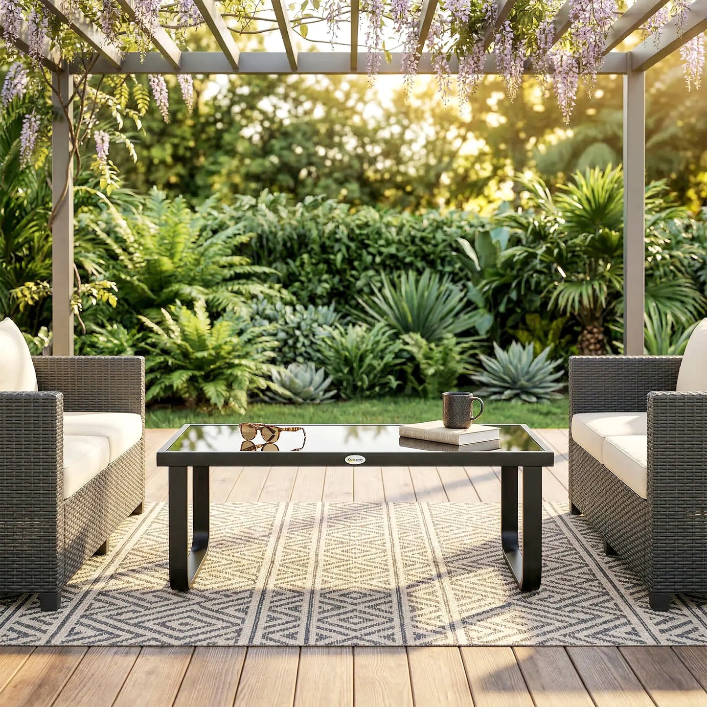 Outdoor Patio Coffee Table, Rectangle Metal Side Table, Tempered Glass Tabletop Patio Side Tables at Gallery Canada