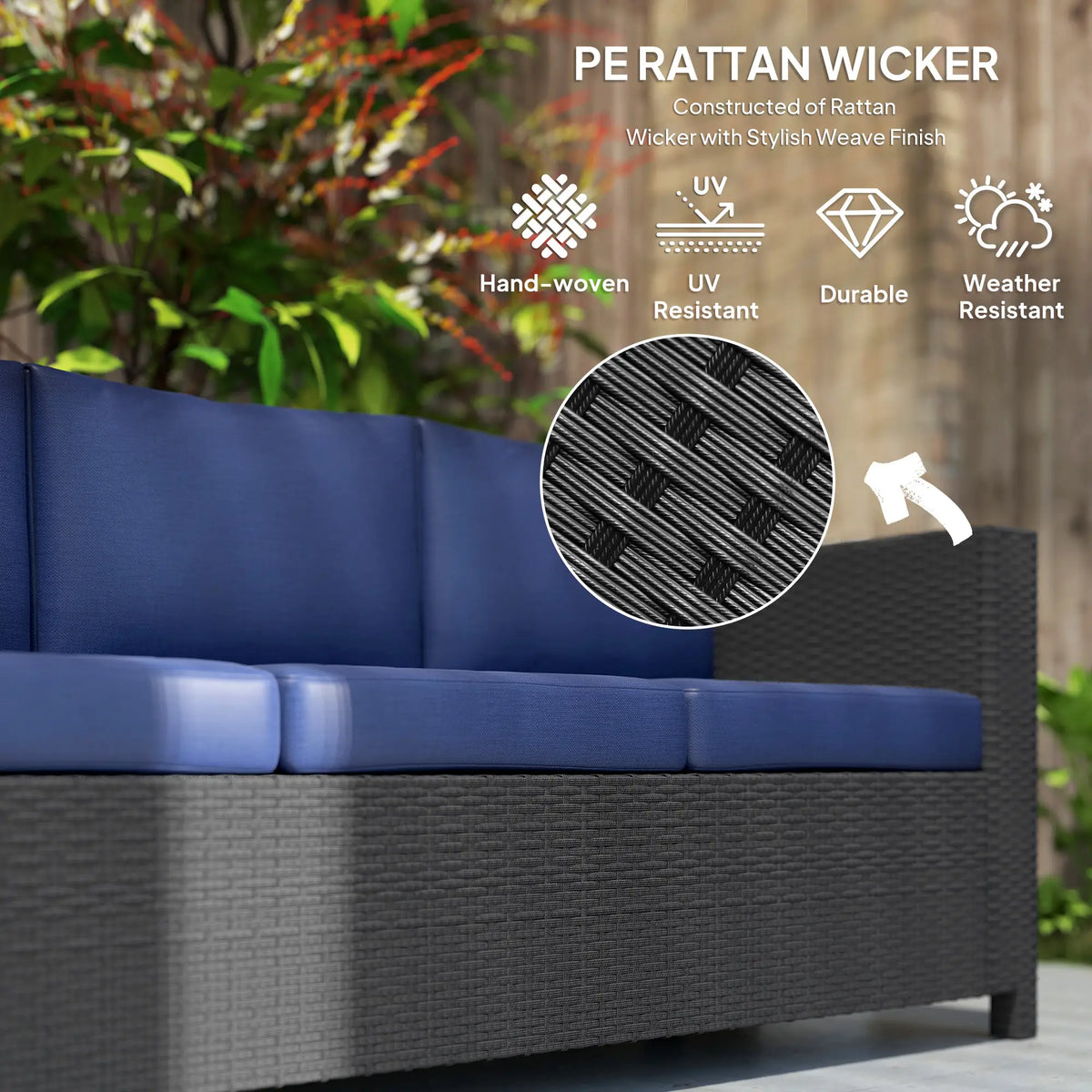 3 Seat Rattan Wicker Sofa, Outdoor Patio Furniture, Navy Blue Patio Furniture Sets at Gallery Canada
