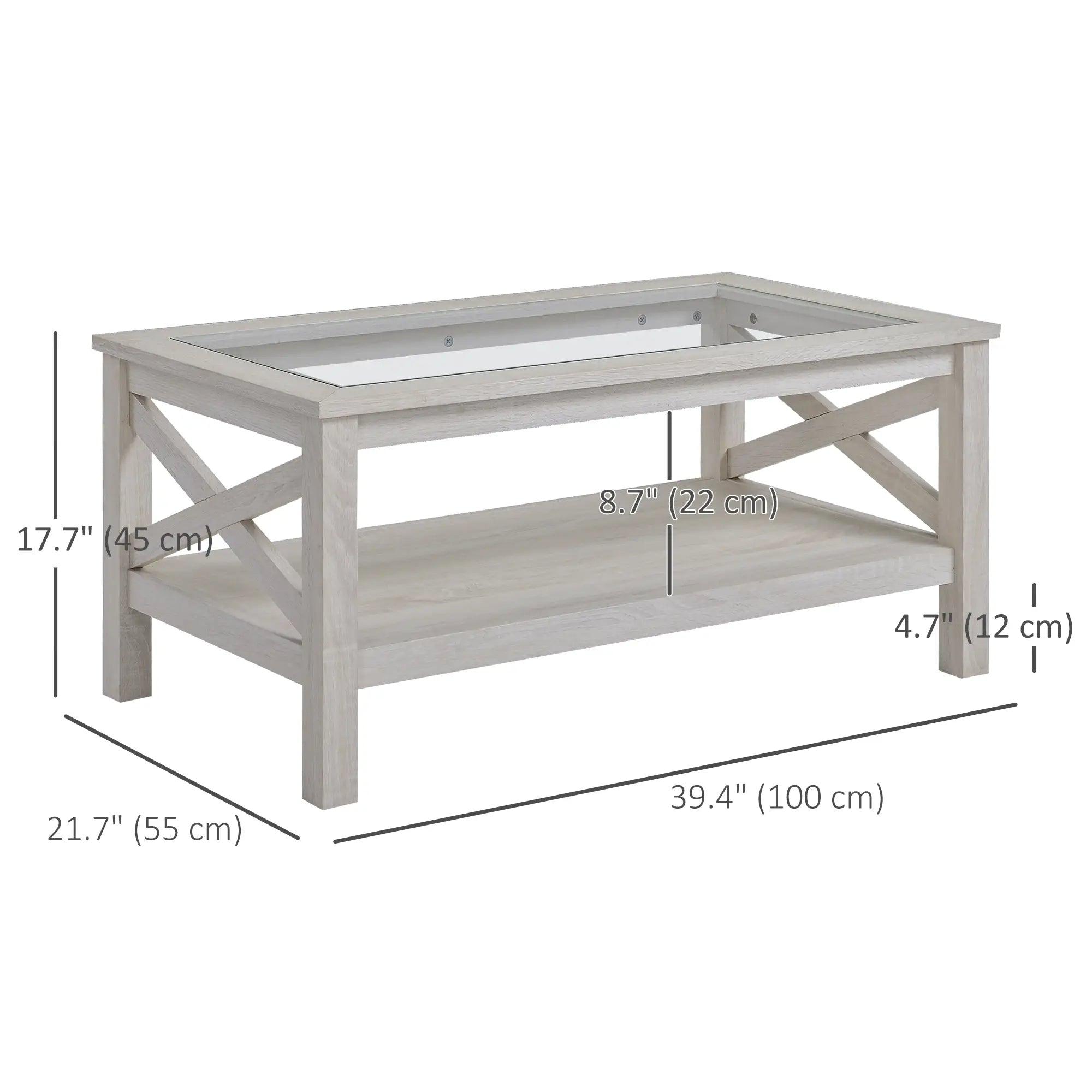 Farmhouse Coffee Table, Tempered Glass Top, 2-Tier with Storage Shelf Coffee Tables at Gallery Canada