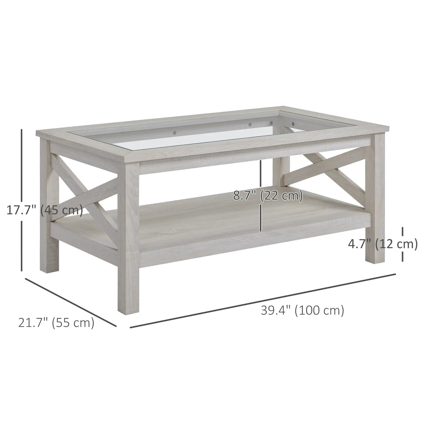 Farmhouse Coffee Table, Tempered Glass Top, 2-Tier with Storage Shelf Coffee Tables at Gallery Canada