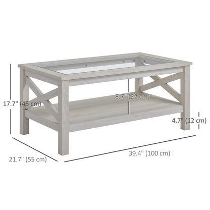 Farmhouse Coffee Table, Tempered Glass Top, 2-Tier with Storage Shelf Coffee Tables at Gallery Canada