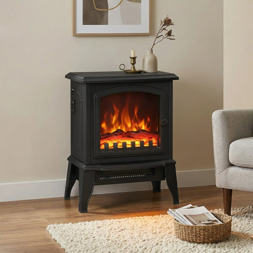 Electric Fireplace Heater, Freestanding, Realistic Flame, Overheat Protection, 750W/1500W, Black